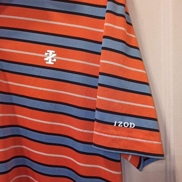 IZOD GOLF POLO SHIRT SS Mens L Athletic Orange Blue Striped Perform X Polyester - Picture 5 of 9
